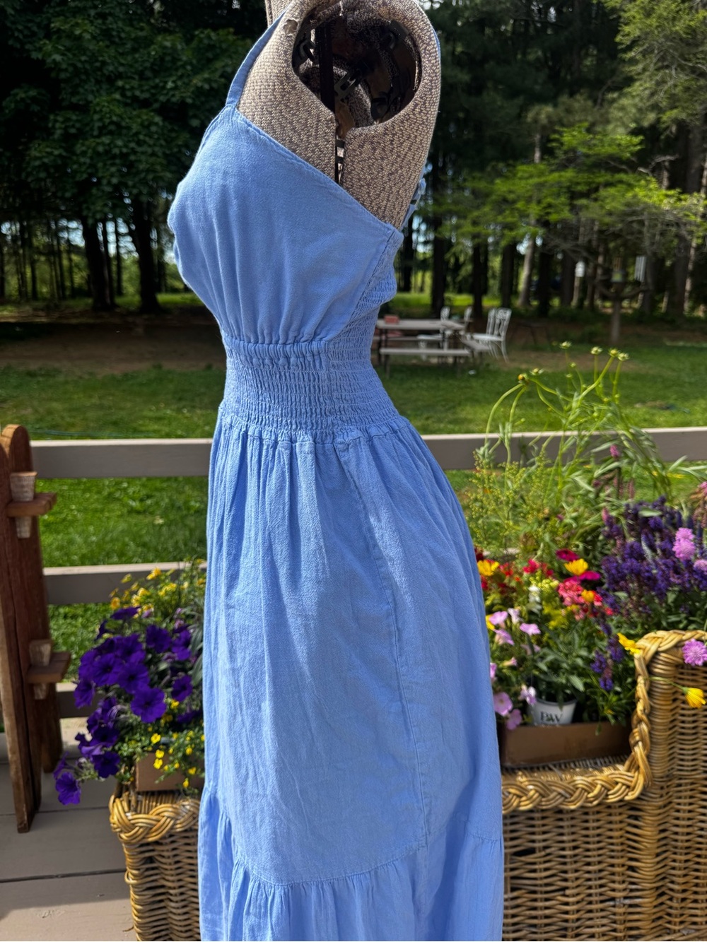New Light Blue Smocked Maxi Dress with Tie Front - made in Peru - Picture 3 of 8